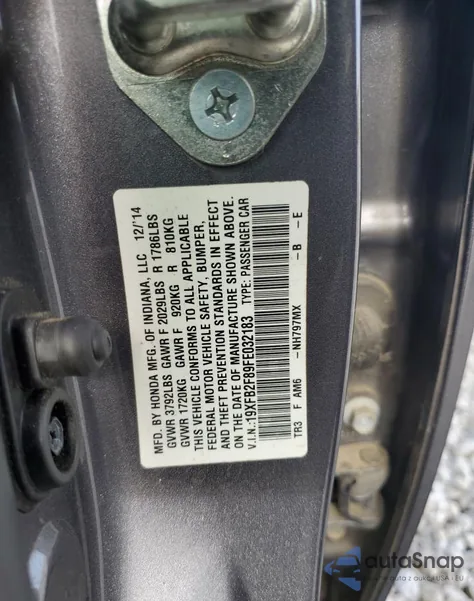 2015 Honda Civic Ex из США, поврежденный, VIN 19XFB2F89FE032183